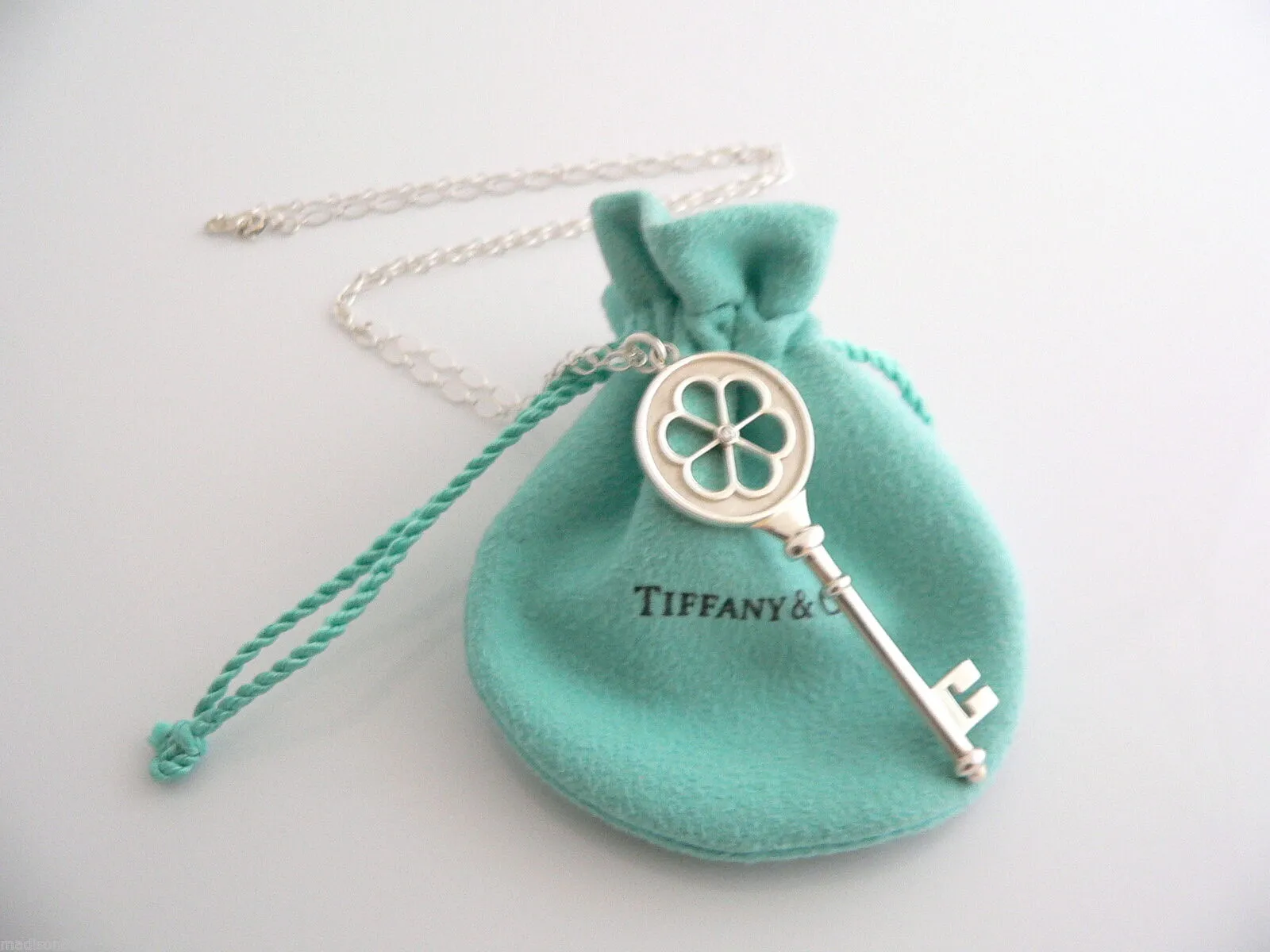 Tiffany Co Silver Diamond Blossom Key Necklace Pendant 24 inch Gift Love Pouch