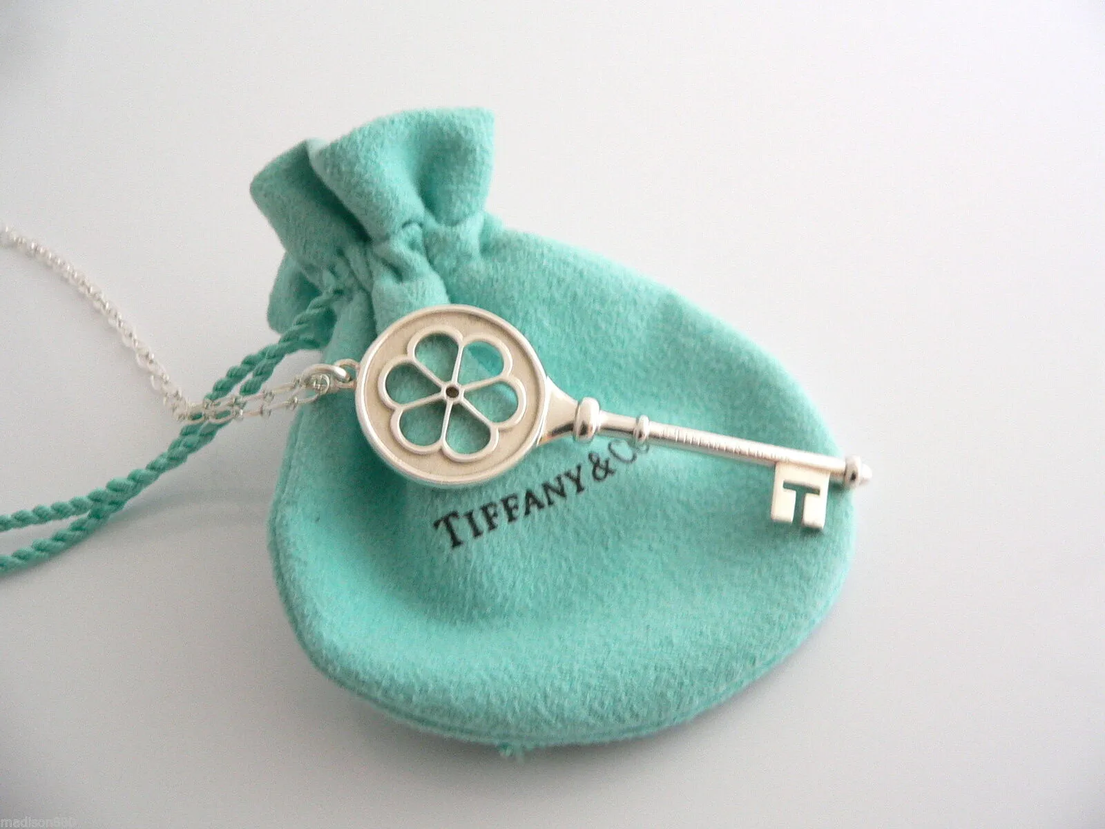 Tiffany Co Silver Diamond Blossom Key Necklace Pendant 24 inch Gift Love Pouch