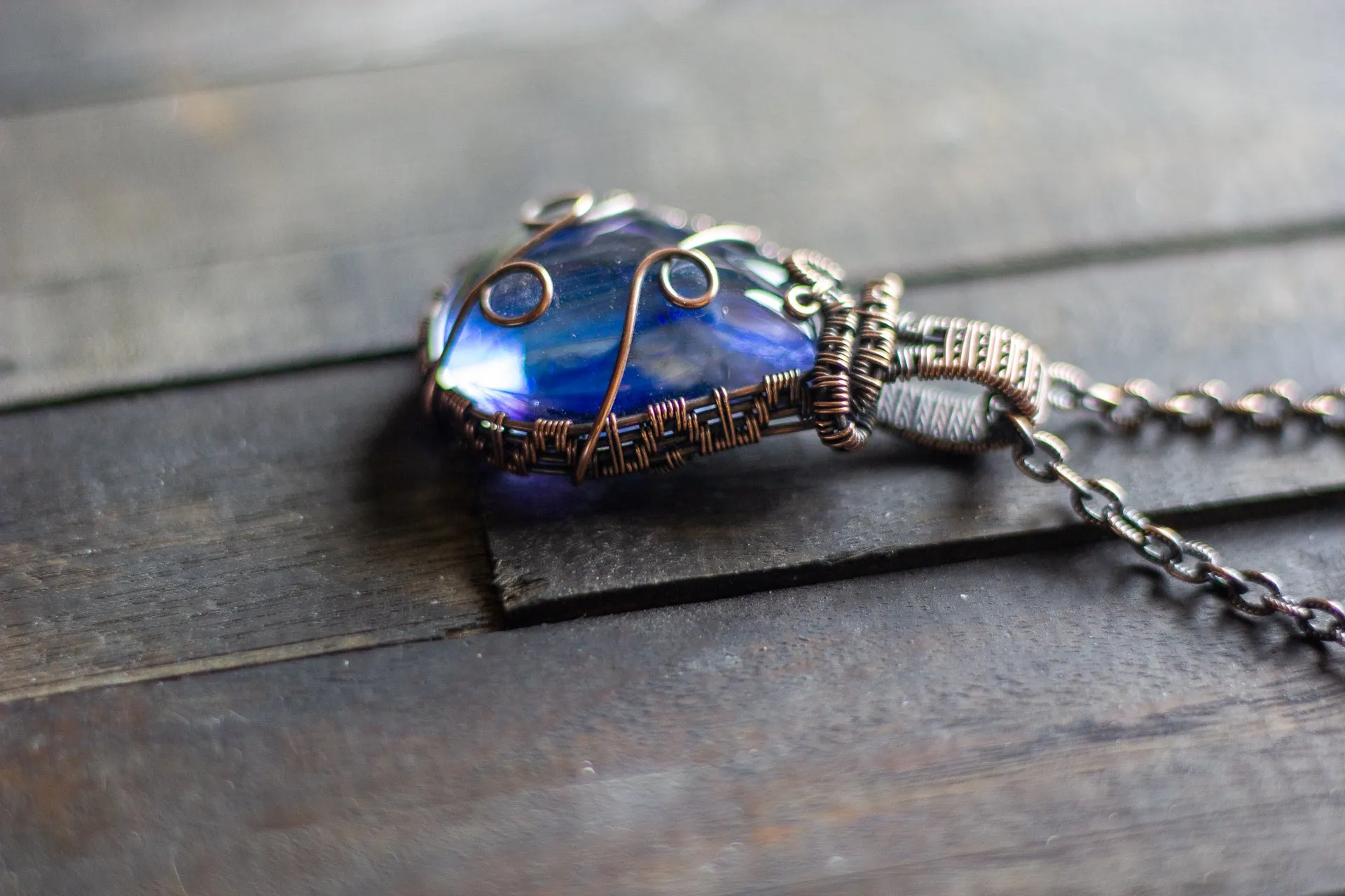 Transparent Streaked Blue Fused Glass Pendant with Copper Wire Wrapping