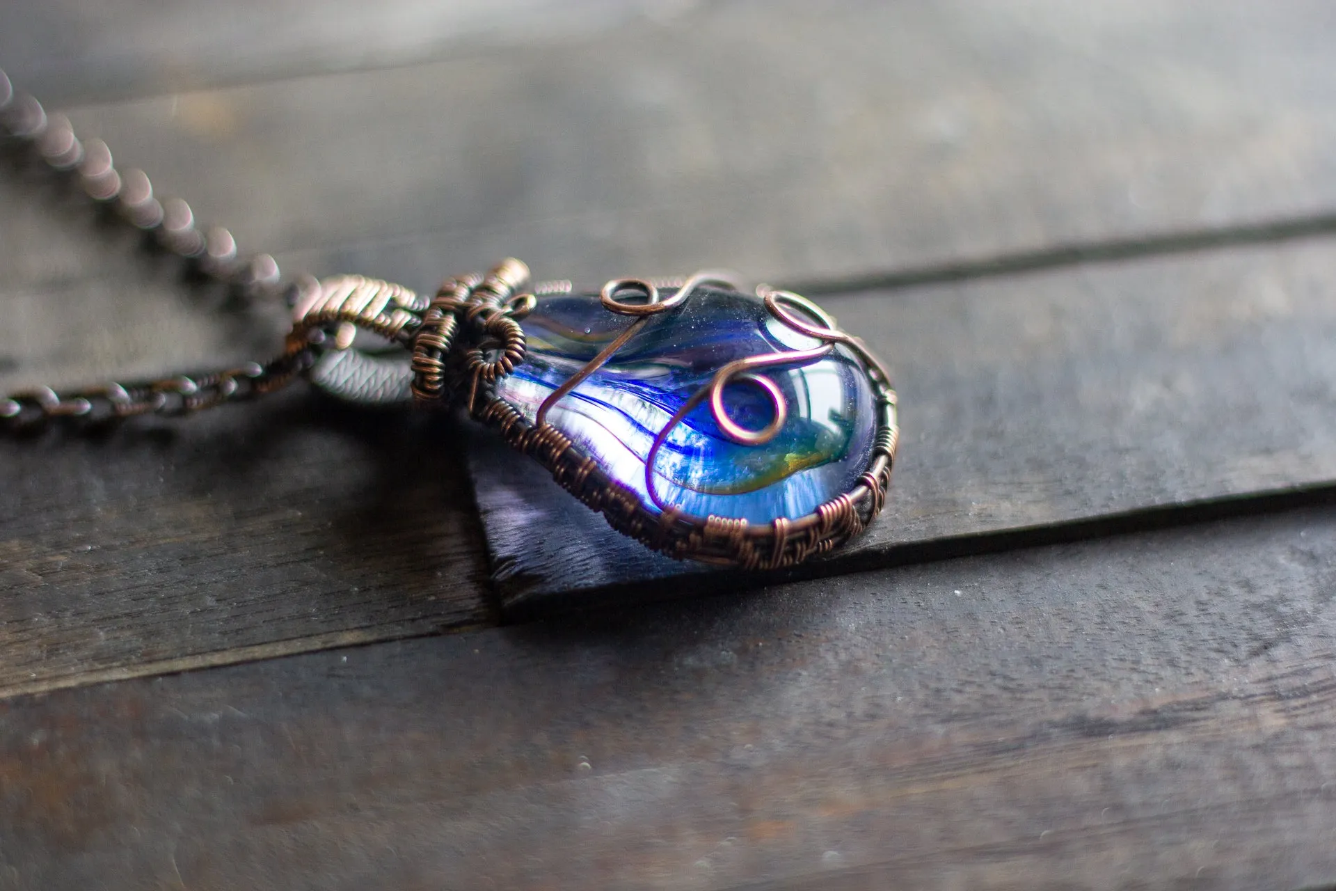 Transparent Streaked Blue Fused Glass Pendant with Copper Wire Wrapping