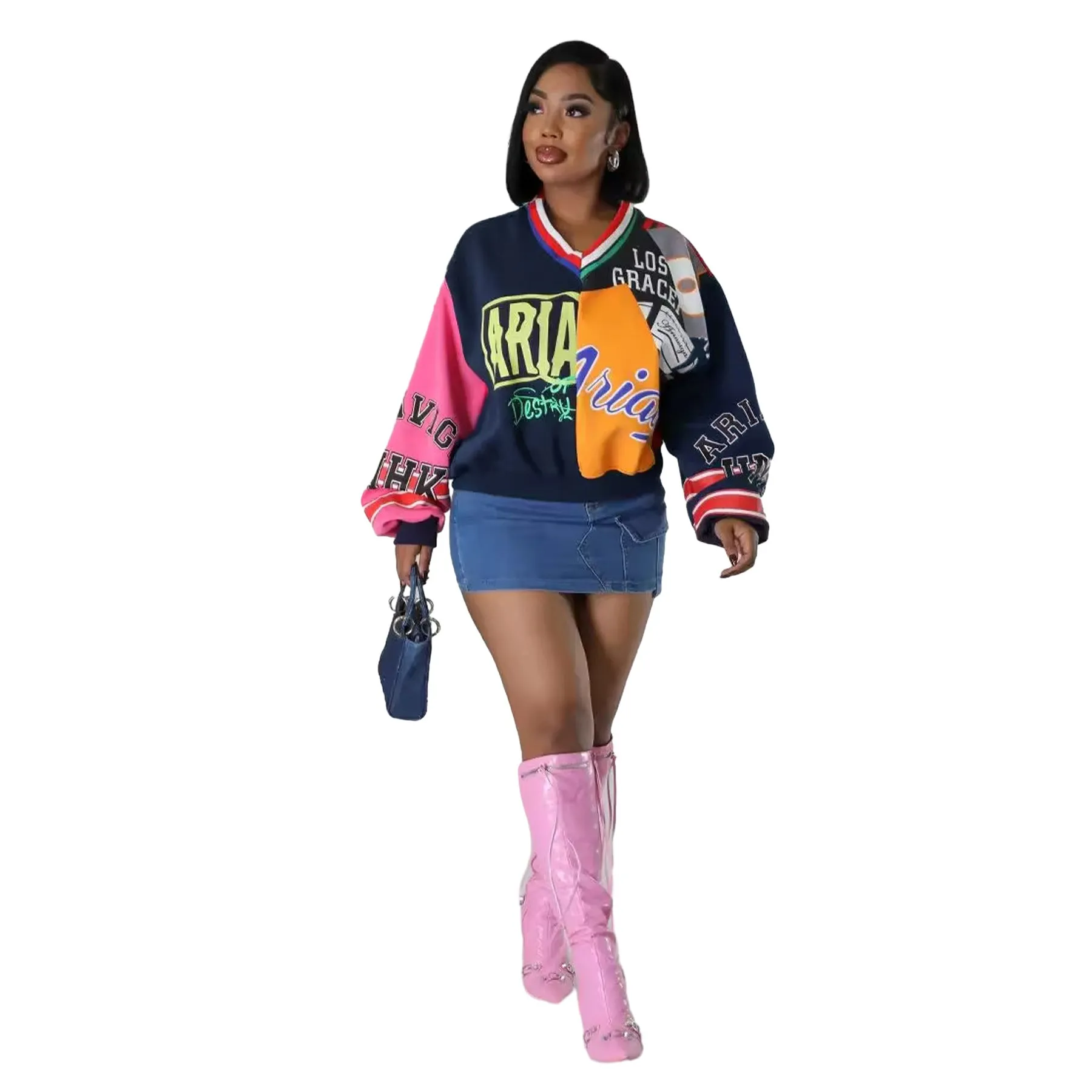 Trendy Patchwork Letter-Printed Loose V-Neck Sweatshirt