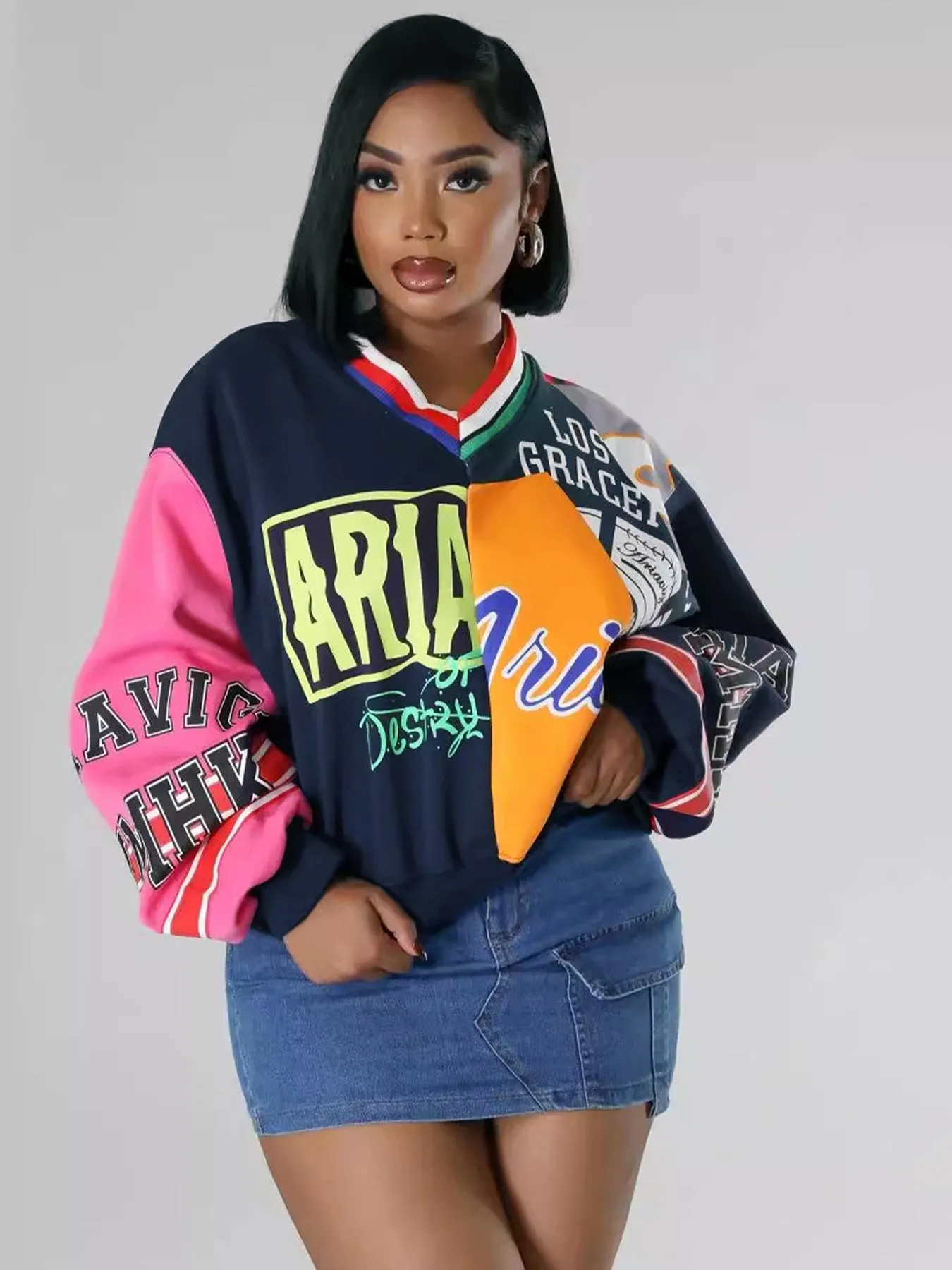 Trendy Patchwork Letter-Printed Loose V-Neck Sweatshirt