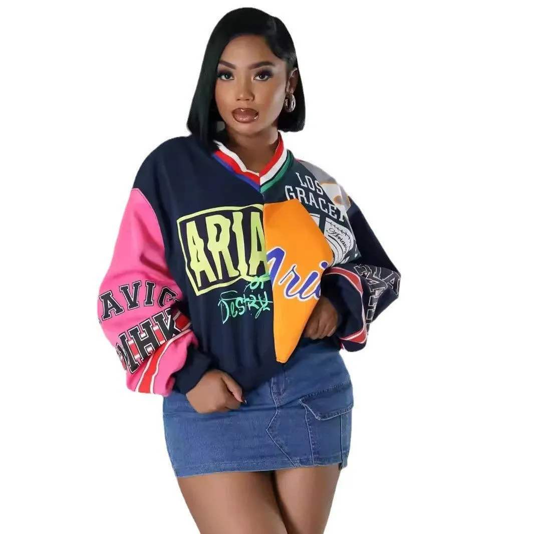 Trendy Patchwork Letter-Printed Loose V-Neck Sweatshirt