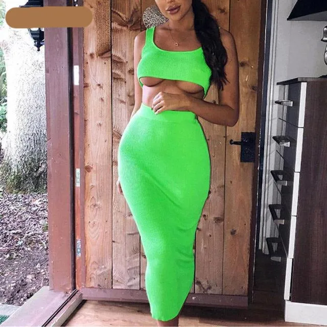 Two Piece Set Midi Dress Sleeveless Tank Club Fashion Party Summer Women Ribbed Dresses