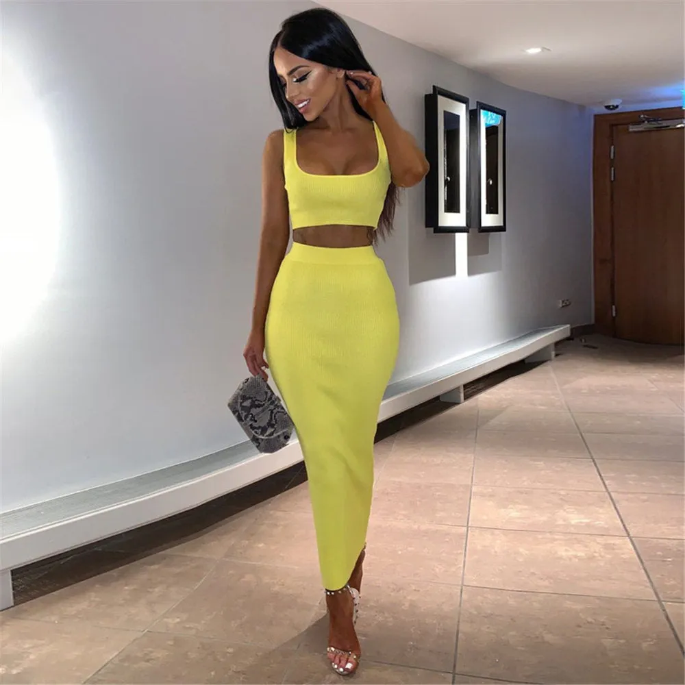 Two Piece Set Midi Dress Sleeveless Tank Club Fashion Party Summer Women Ribbed Dresses
