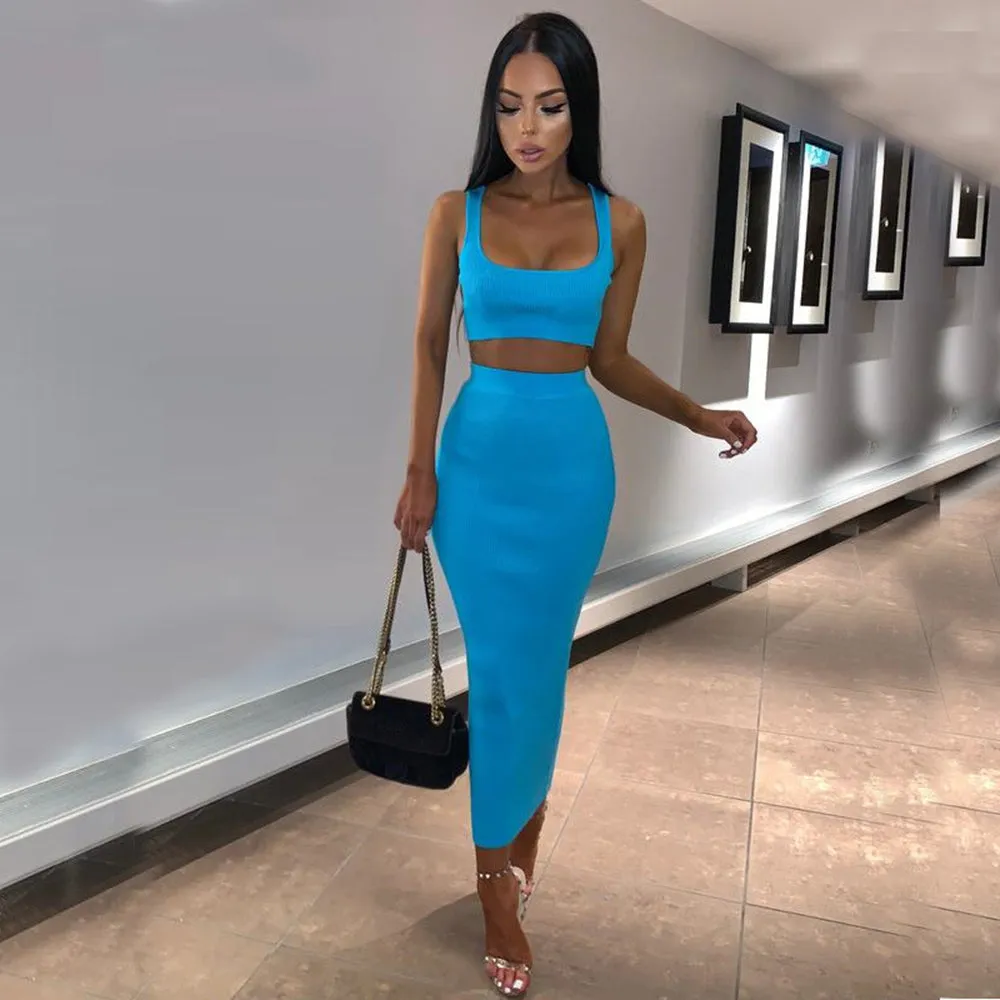 Two Piece Set Midi Dress Sleeveless Tank Club Fashion Party Summer Women Ribbed Dresses
