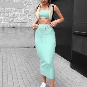 Two Piece Set Midi Dress Sleeveless Tank Club Fashion Party Summer Women Ribbed Dresses
