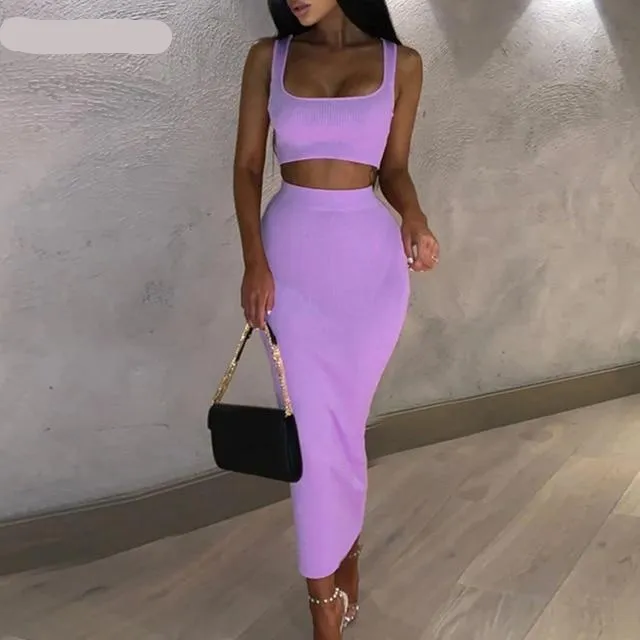 Two Piece Set Midi Dress Sleeveless Tank Club Fashion Party Summer Women Ribbed Dresses