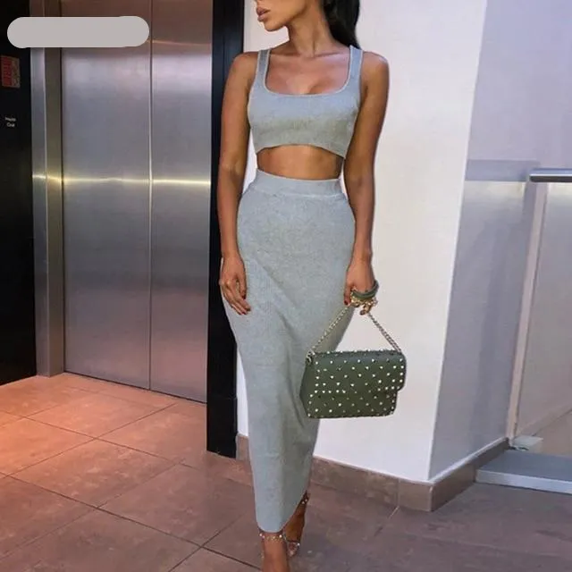 Two Piece Set Midi Dress Sleeveless Tank Club Fashion Party Summer Women Ribbed Dresses