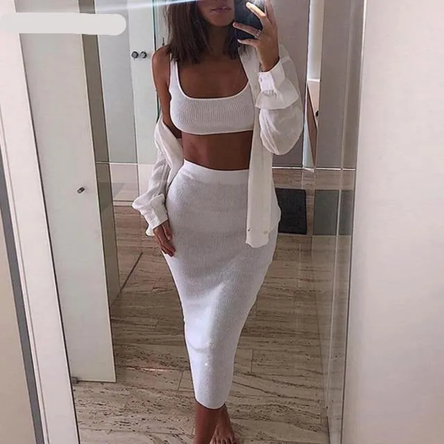 Two Piece Set Midi Dress Sleeveless Tank Club Fashion Party Summer Women Ribbed Dresses