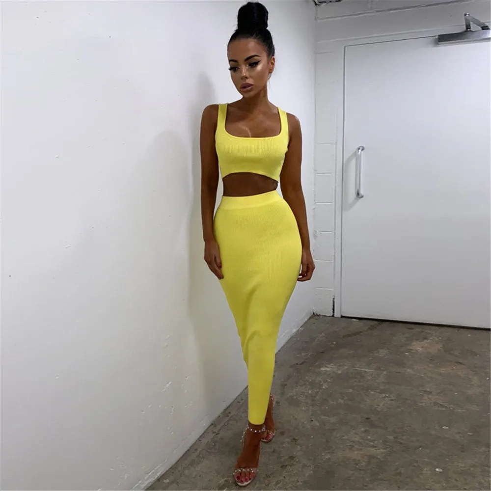 Two Piece Set Midi Dress Sleeveless Tank Club Fashion Party Summer Women Ribbed Dresses