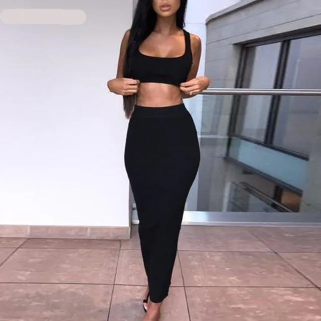 Two Piece Set Midi Dress Sleeveless Tank Club Fashion Party Summer Women Ribbed Dresses