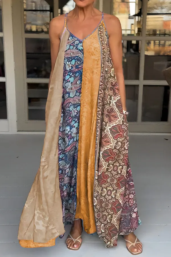 Unique Printed Loose Holiday Strap Big Hem Maxi Dress