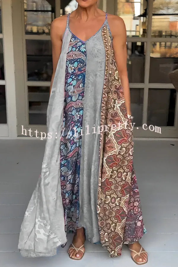 Unique Printed Loose Holiday Strap Big Hem Maxi Dress
