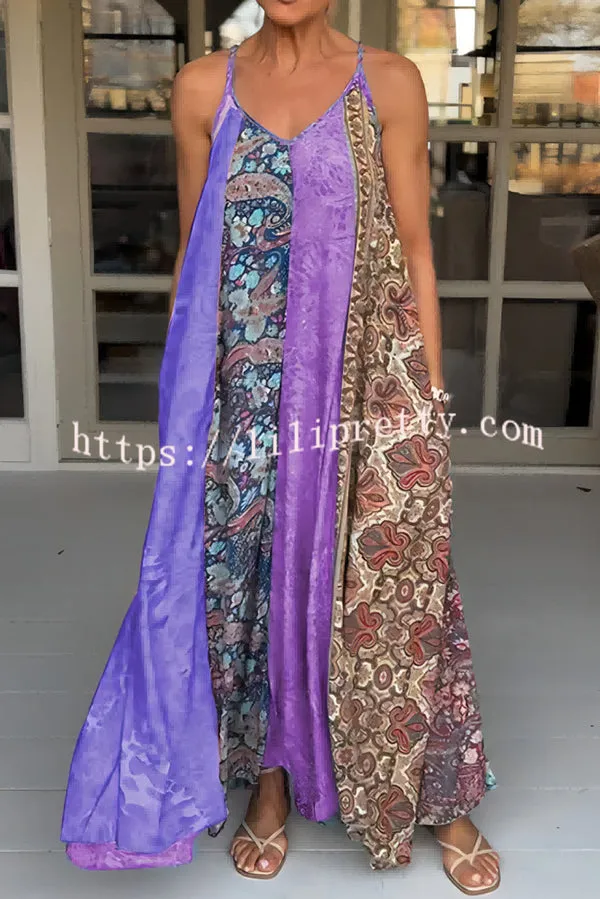 Unique Printed Loose Holiday Strap Big Hem Maxi Dress