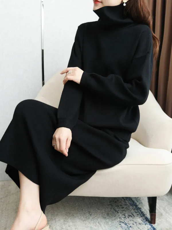 Urban Loose Solid Color High-Neck Sweater Tops & Skirts Bottoms Suits