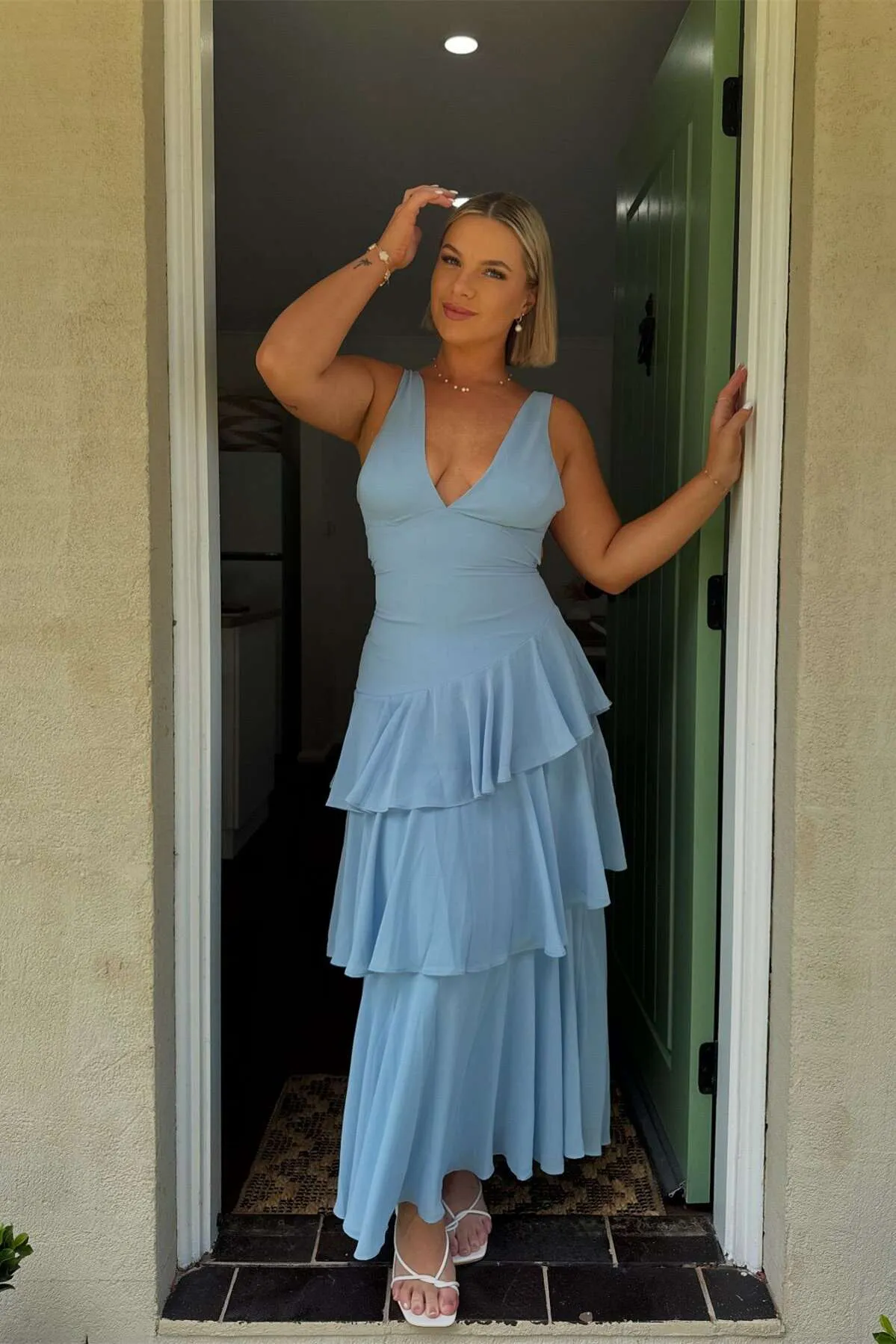 V Neck Blue Chiffon Tiered Bridesmaid Dress