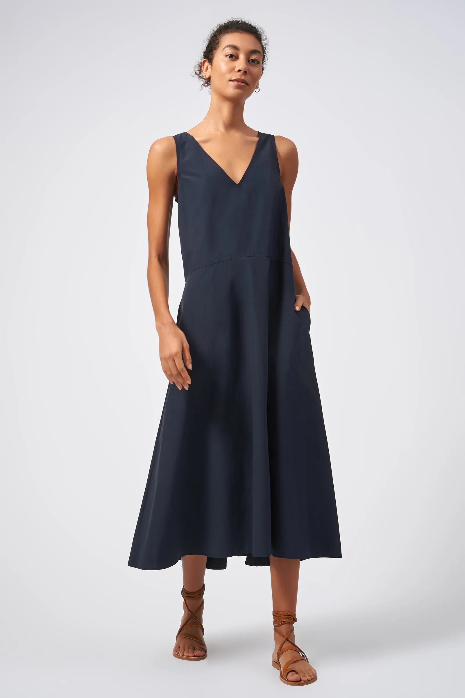 V-Neck Flounce Dress - Navy Broadcloth