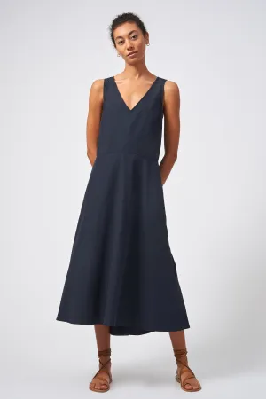 V-Neck Flounce Dress - Navy Broadcloth