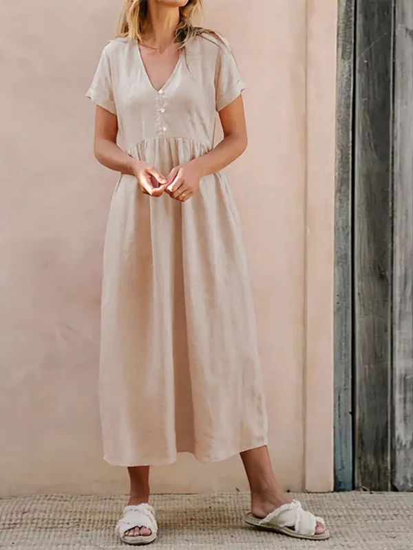 V-Neck Midi Dress with Button-Down Detail and Empire Waist