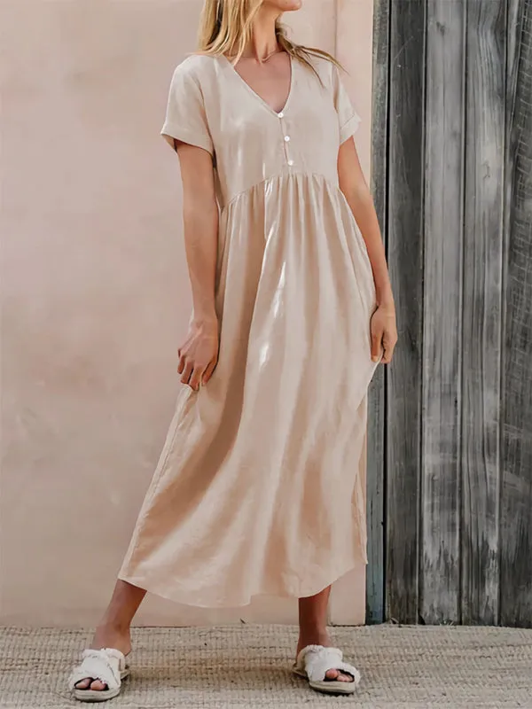 V-Neck Midi Dress with Button-Down Detail and Empire Waist