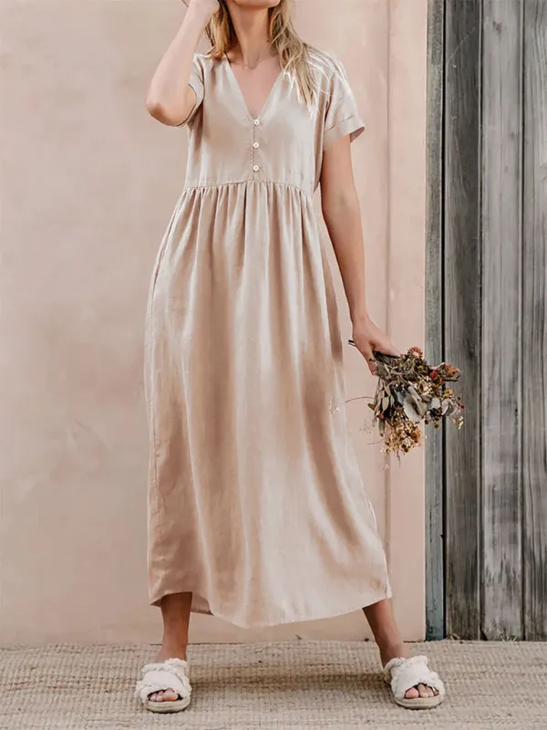 V-Neck Midi Dress with Button-Down Detail and Empire Waist