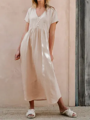 V-Neck Midi Dress with Button-Down Detail and Empire Waist