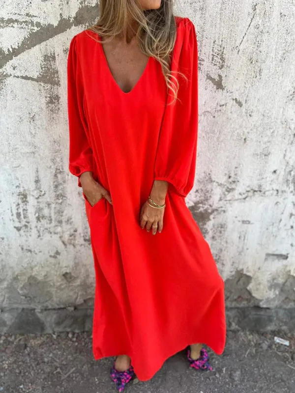 V-Neck Midi Dress with Lantern Sleeves
