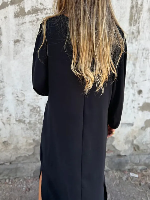 V-Neck Midi Dress with Lantern Sleeves