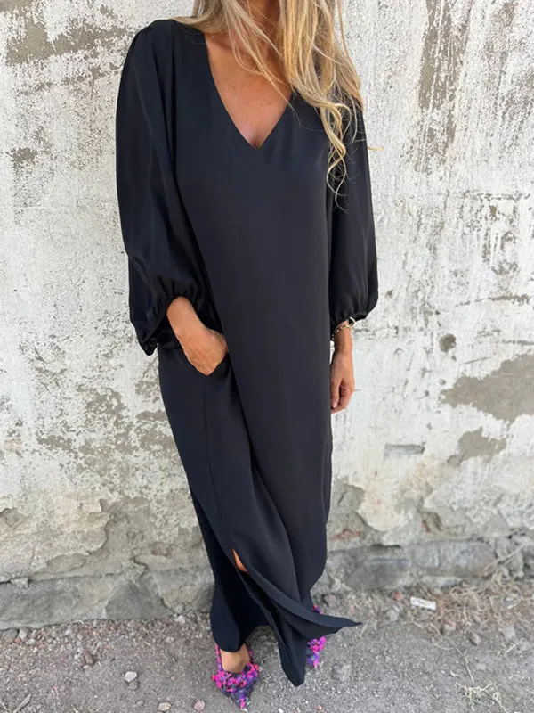 V-Neck Midi Dress with Lantern Sleeves