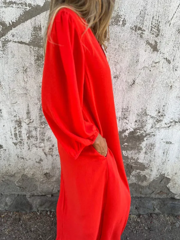 V-Neck Midi Dress with Lantern Sleeves
