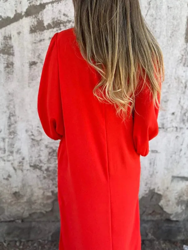 V-Neck Midi Dress with Lantern Sleeves