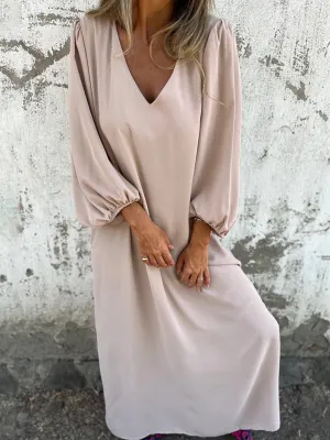 V-Neck Midi Dress with Lantern Sleeves