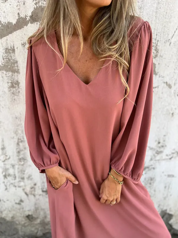 V-Neck Midi Dress with Lantern Sleeves