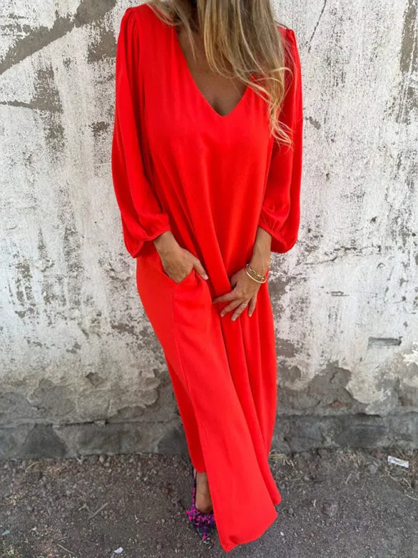 V-Neck Midi Dress with Lantern Sleeves