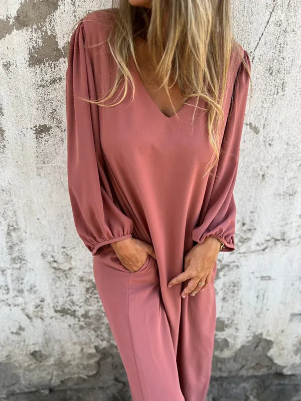 V-Neck Midi Dress with Lantern Sleeves