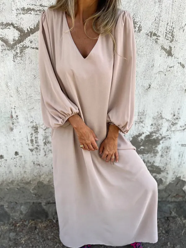 V-Neck Midi Dress with Lantern Sleeves