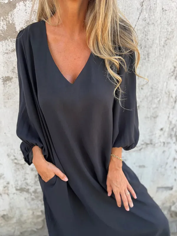 V-Neck Midi Dress with Lantern Sleeves