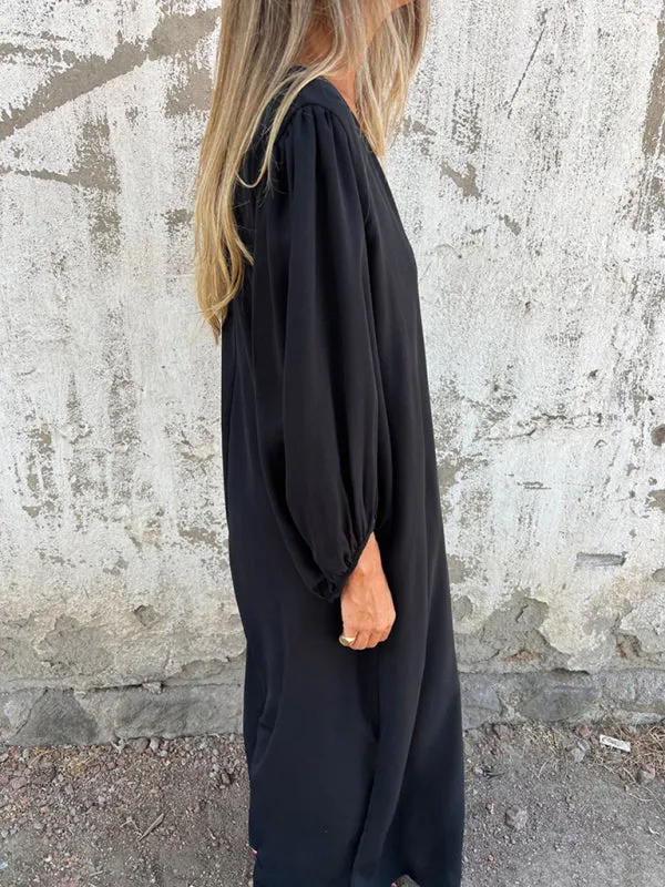 V-Neck Midi Dress with Lantern Sleeves