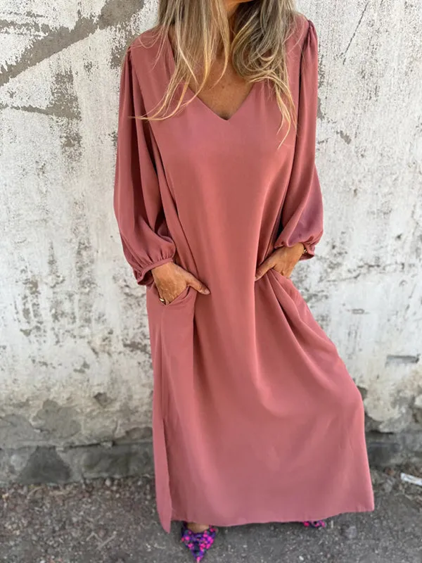 V-Neck Midi Dress with Lantern Sleeves