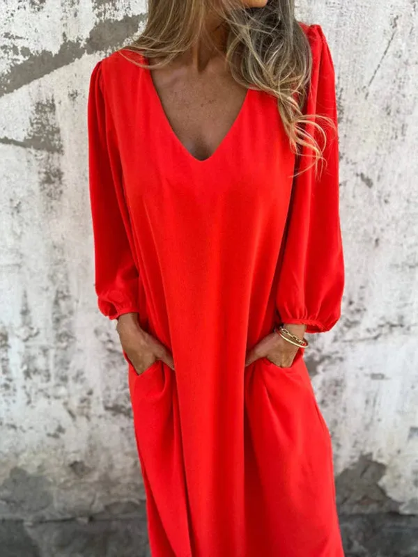 V-Neck Midi Dress with Lantern Sleeves