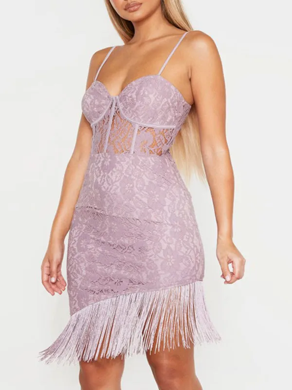 V-neck Pencil Fringed Lace Dress