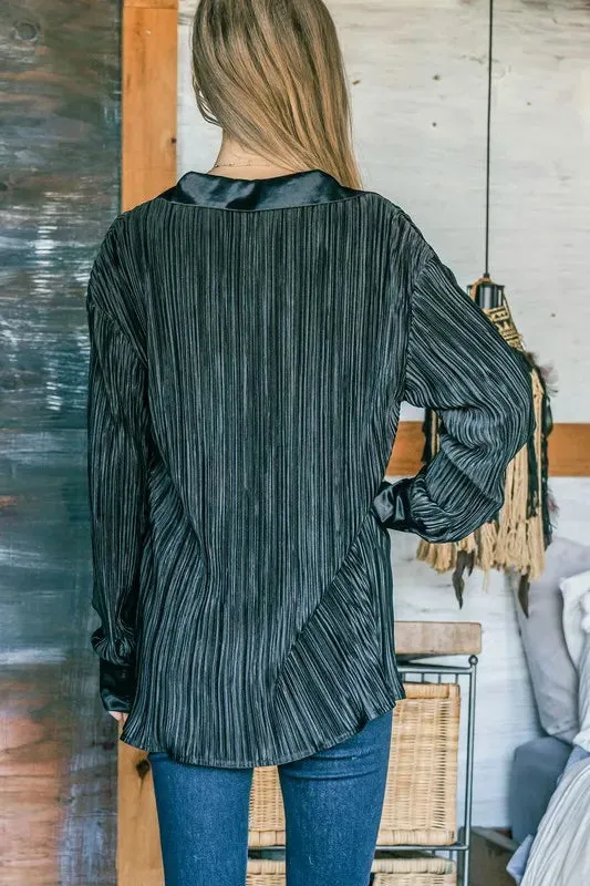 V Neck Pleated Long Sleeves Shirt For Women – Elegant Minimalist Chic Fashionable Unique Blouse with Deep V Neckline and Flowing Pleats