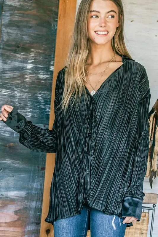V Neck Pleated Long Sleeves Shirt For Women – Elegant Minimalist Chic Fashionable Unique Blouse with Deep V Neckline and Flowing Pleats