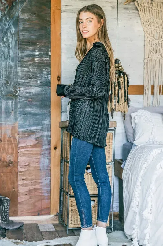 V Neck Pleated Long Sleeves Shirt For Women – Elegant Minimalist Chic Fashionable Unique Blouse with Deep V Neckline and Flowing Pleats