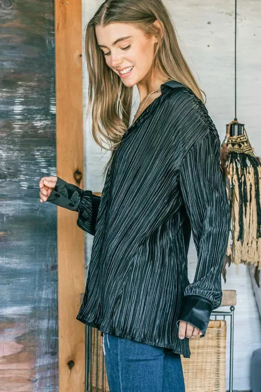 V Neck Pleated Long Sleeves Shirt For Women – Elegant Minimalist Chic Fashionable Unique Blouse with Deep V Neckline and Flowing Pleats