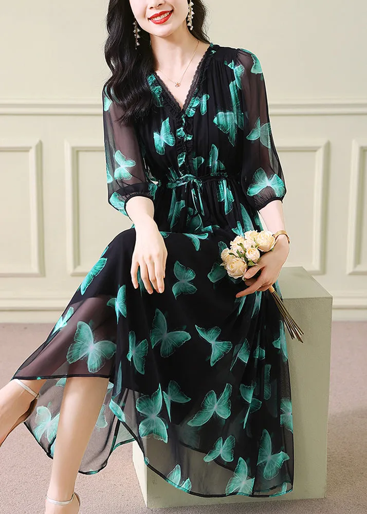V Neck Print Drawstring Silk Dresses Summer