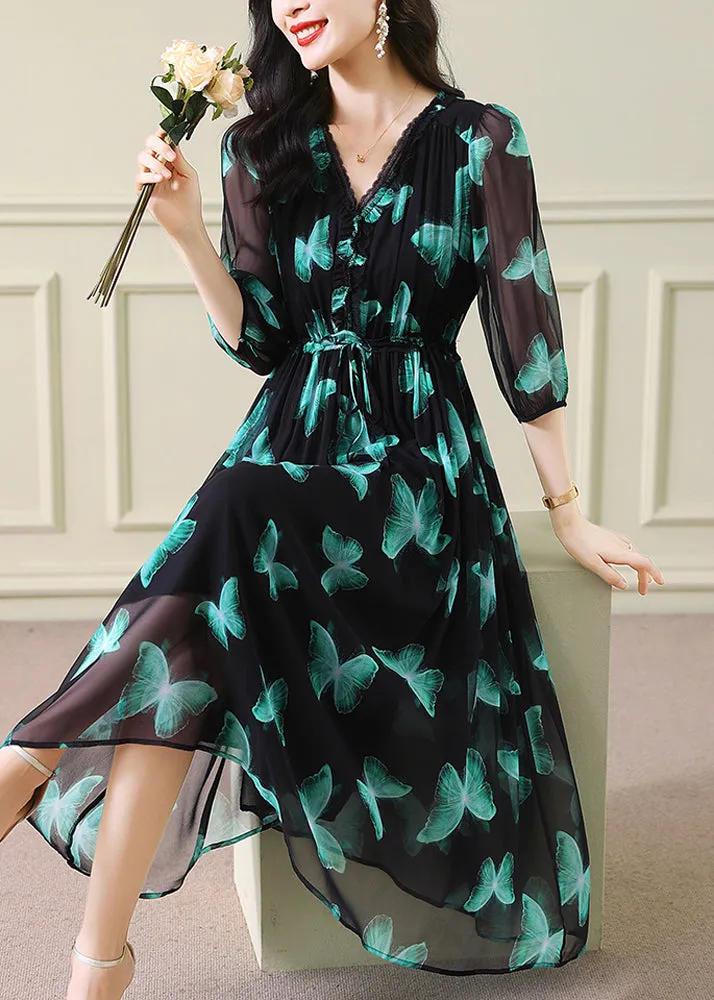 V Neck Print Drawstring Silk Dresses Summer