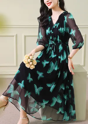 V Neck Print Drawstring Silk Dresses Summer