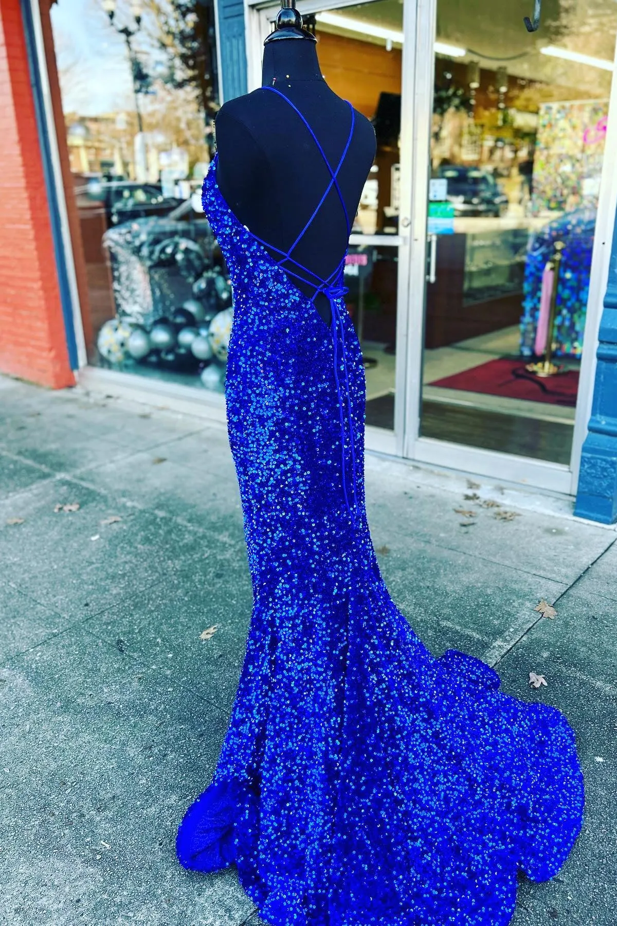 V Neck Royal Blue Sequin Mermaid Long Prom Dress
